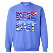 Light blue sweatshirt with colorful BUF text design for buffalo football and buffalo hockey game day fans.