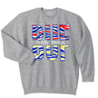 Gray sweatshirt with colorful striped BUF text for buffalo football and hockey teams, fan sweatshirt for Buffalo New York.