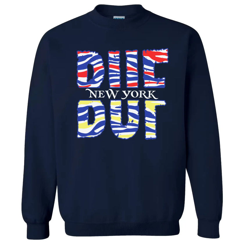 BUF Buffalo sweatshirt featuring football striped pattern and hockey color blocking with New York script, sporty city pride style for fans