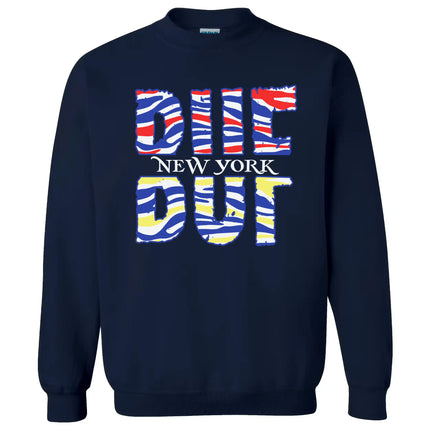 BUF Buffalo sweatshirt featuring football striped pattern and hockey color blocking with New York script, sporty city pride style for fans
