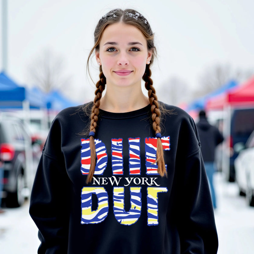 Female model wearing black BUF Buffalo sweatshirt with football and hockey colors, confident streetwear look for game day and city pride wear