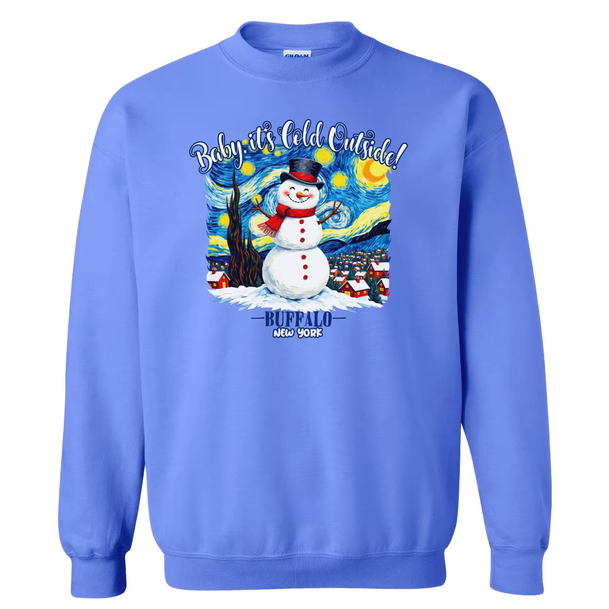 Blue Buffalo city pride sweatshirt flat lay featuring snowman artwork and winter-themed text