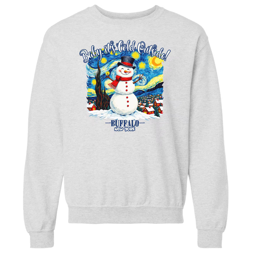 Light gray Buffalo winter sweatshirt flat lay with snowman graphic and “Baby It’s Cold Outside” wording