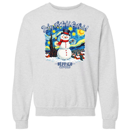 Light gray Buffalo winter sweatshirt flat lay with snowman graphic and “Baby It’s Cold Outside” wording