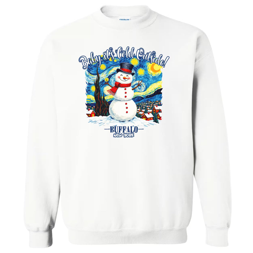 White Buffalo New York sweatshirt flat lay displaying snowy night scene and city pride design with wording 