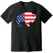 Buffalo patriotic t-shirt in black, featuring large buffalo silhouette filled with American flag pattern, bold July 4th graphic tee for Buffalo pride and Independence Day