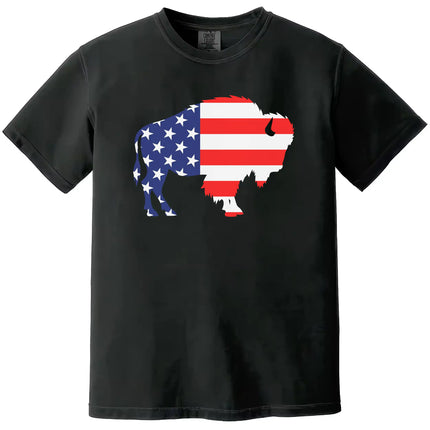 Buffalo patriotic t-shirt in black, featuring large buffalo silhouette filled with American flag pattern, bold July 4th graphic tee for Buffalo pride and Independence Day