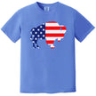 Buffalo patriotic t-shirt in blue, bold buffalo silhouette filled with American flag pattern, patriotic Buffalo summer and July 4th graphic tee