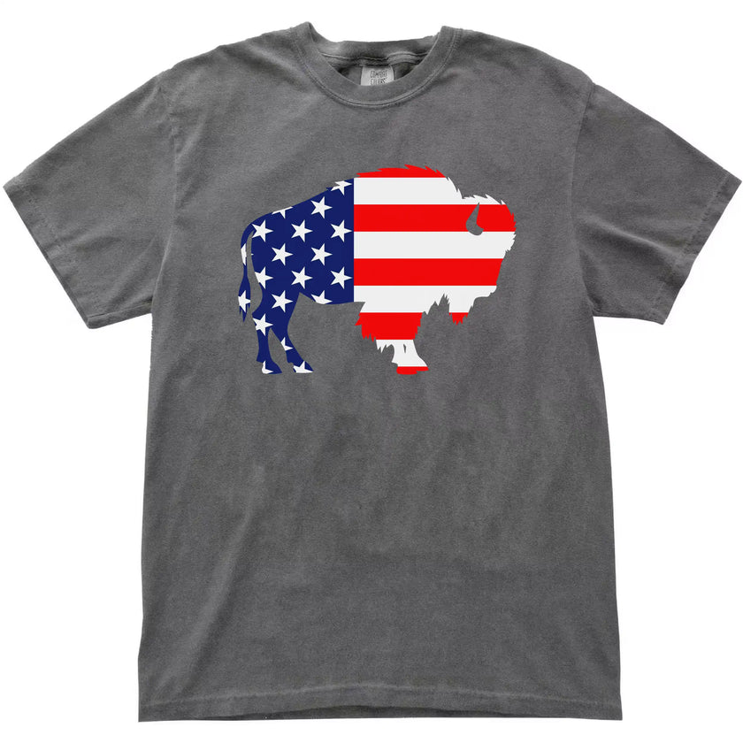 Buffalo patriotic t-shirt in gray, large buffalo silhouette filled with American flag pattern, bold Independence Day Buffalo pride graphic tee