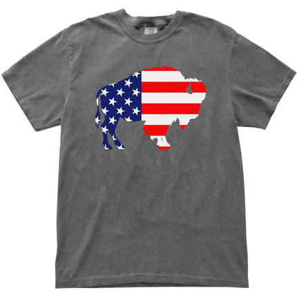 Buffalo patriotic t-shirt in gray, large buffalo silhouette filled with American flag pattern, bold Independence Day Buffalo pride graphic tee