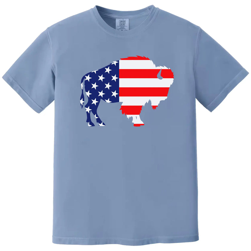 Buffalo patriotic t-shirt in light blue, large buffalo silhouette filled with American flag design, festive Independence Day graphic tee