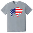 Buffalo patriotic t-shirt in light gray, featuring buffalo silhouette filled with USA flag design, casual July 4th Buffalo pride graphic tee.