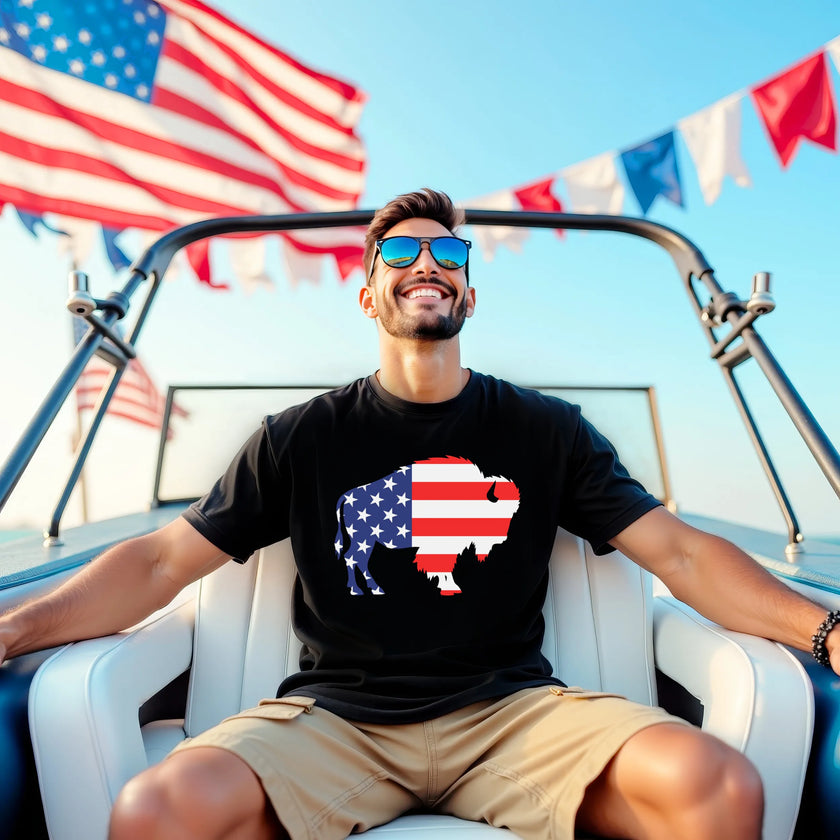 Male model wearing black Buffalo patriotic t-shirt on a boat, buffalo silhouette filled with American flag pattern, summer lake and July 4th Buffalo pride vibe