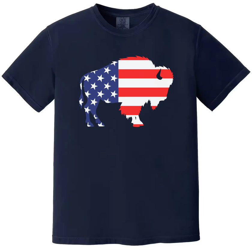 Buffalo patriotic t-shirt in navy, showing bold buffalo silhouette filled with American flag design, patriotic Buffalo NY summer graphic tee