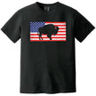 Buffalo patriotic t-shirt in black, featuring large American flag design with bold buffalo silhouette cutout, July 4th graphic tee for Buffalo pride and Independence Day.