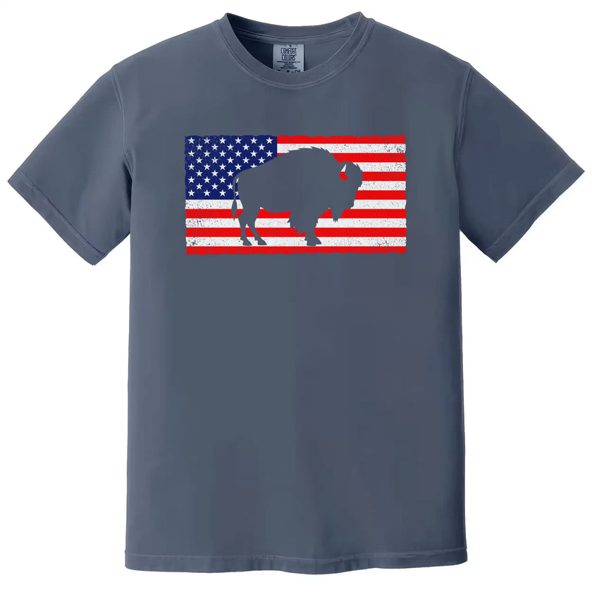 Buffalo patriotic t-shirt in blue, large distressed American flag with buffalo silhouette design, bold Independence Day graphic tee for Buffalo pride and summer wear.
