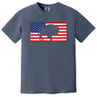 Buffalo patriotic t-shirt in blue, large distressed American flag with buffalo silhouette design, bold Independence Day graphic tee for Buffalo pride and summer wear.