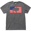 Buffalo patriotic t-shirt in gray, showing distressed American flag with buffalo silhouette cutout, bold summer graphic tee blending Buffalo pride and USA celebration.