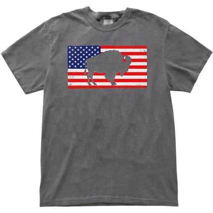 Buffalo patriotic t-shirt in gray, showing distressed American flag with buffalo silhouette cutout, bold summer graphic tee blending Buffalo pride and USA celebration.