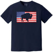 Buffalo patriotic t-shirt in navy, featuring American flag backdrop with bold buffalo silhouette cutout, patriotic Buffalo NY July 4th graphic tee.