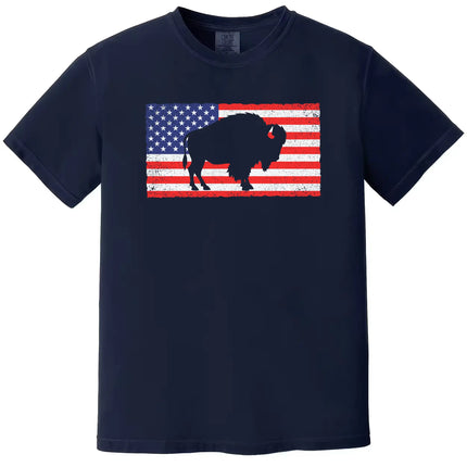 Buffalo patriotic t-shirt in navy, featuring American flag backdrop with bold buffalo silhouette cutout, patriotic Buffalo NY July 4th graphic tee.