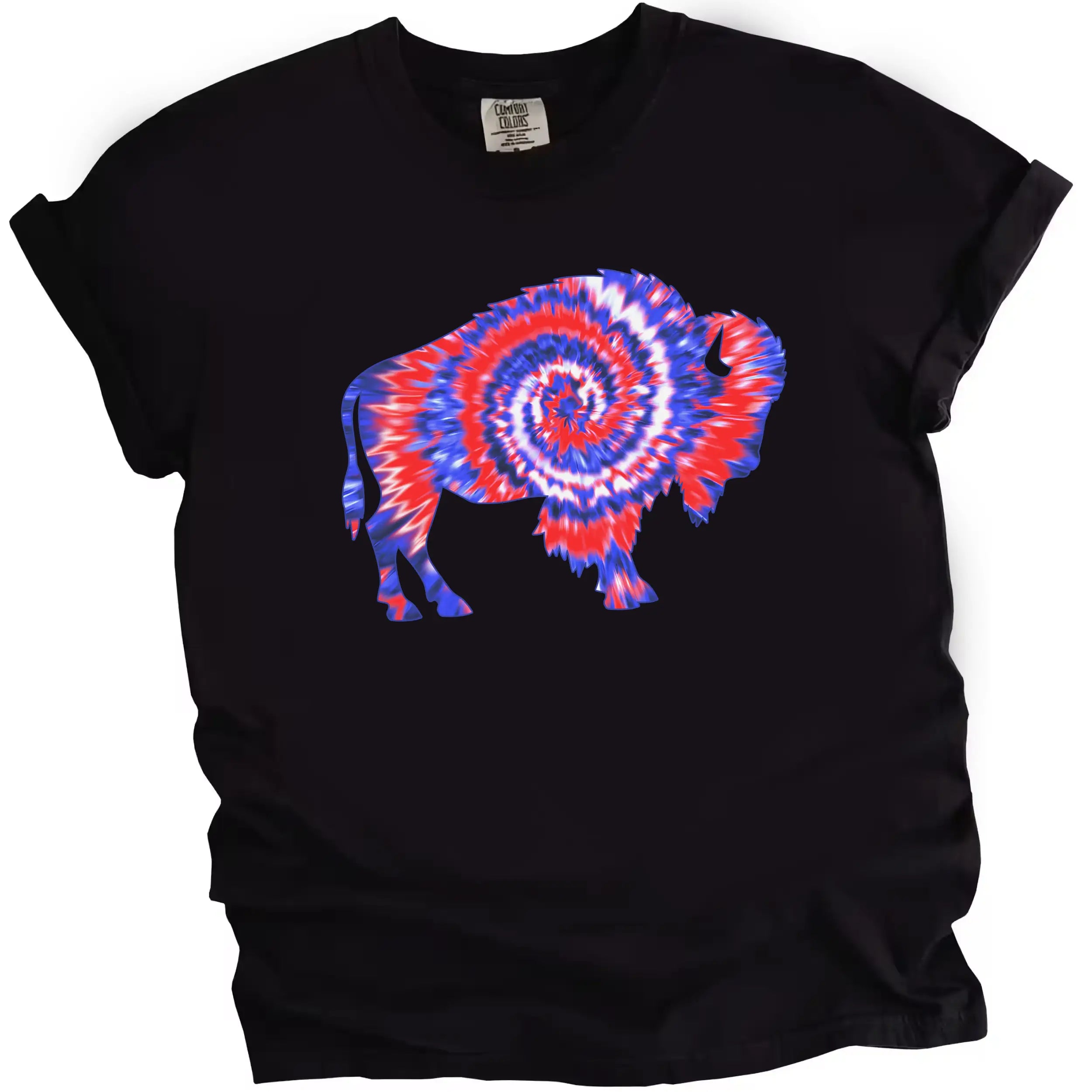 Buffalo patriotic t-shirt in black, featuring large buffalo silhouette filled with red white and blue tie-dye swirl pattern, bold July 4th graphic tee for Buffalo pride.