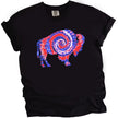 Buffalo patriotic t-shirt in black, featuring large buffalo silhouette filled with red white and blue tie-dye swirl pattern, bold July 4th graphic tee for Buffalo pride.
