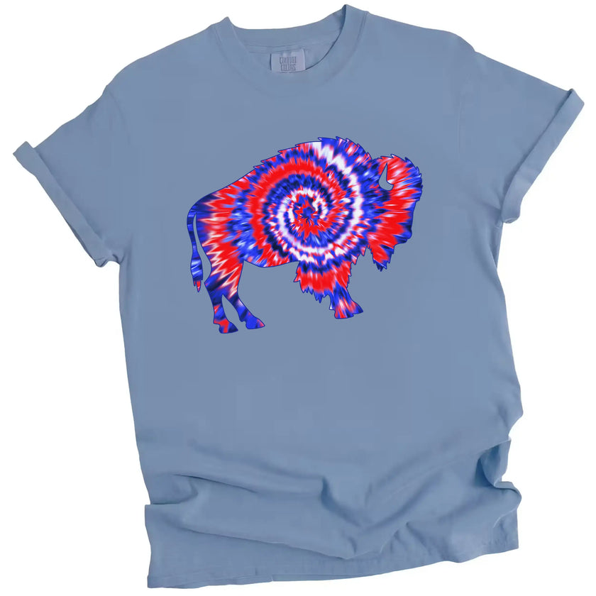 Buffalo patriotic t-shirt in blue, buffalo silhouette filled with red white and blue tie-dye swirl, bold summer Independence Day graphic tee