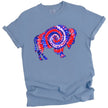 Buffalo patriotic t-shirt in blue, buffalo silhouette filled with red white and blue tie-dye swirl, bold summer Independence Day graphic tee