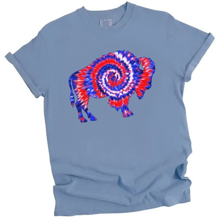 Buffalo patriotic t-shirt in blue, buffalo silhouette filled with red white and blue tie-dye swirl, bold summer Independence Day graphic tee