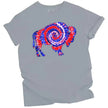Buffalo patriotic t-shirt in gray, large buffalo silhouette filled with patriotic red white and blue swirl pattern, fun July 4th Buffalo pride graphic tee