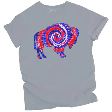 Buffalo patriotic t-shirt in gray, large buffalo silhouette filled with patriotic red white and blue swirl pattern, fun July 4th Buffalo pride graphic tee