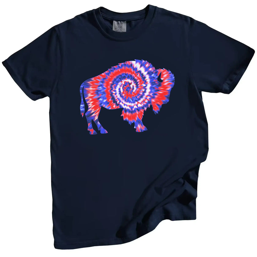 Buffalo patriotic t-shirt in navy, featuring bold buffalo silhouette with red white and blue tie-dye swirl pattern, festive July 4th graphic tee