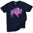 Buffalo patriotic t-shirt in navy, featuring bold buffalo silhouette with red white and blue tie-dye swirl pattern, festive July 4th graphic tee