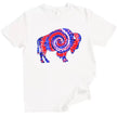 Buffalo patriotic t-shirt in white, bold buffalo silhouette with red white and blue tie-dye swirl design, vibrant Independence Day graphic tee for summer