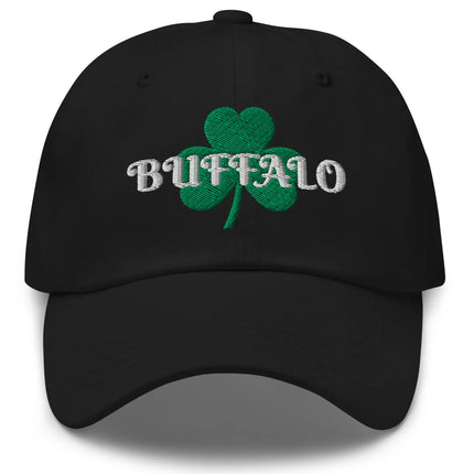 Black Buffalo Irish St. Patrick’s Day hat featuring large green embroidered shamrock and white ‘Buffalo’ script lettering for Buffalo city pride and festive game day style.