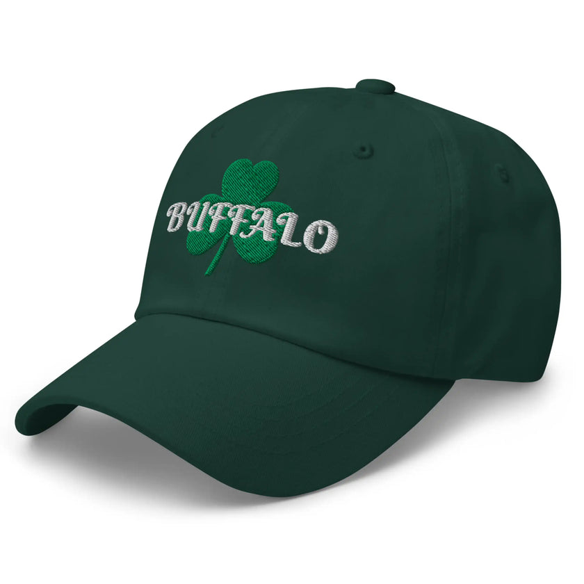 Left front view of green Buffalo Irish St. Patrick’s Day hat featuring green shamrock and white ‘Buffalo’ script lettering embroidery.