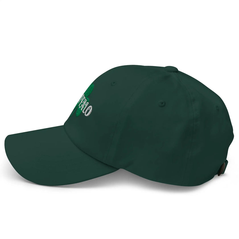 Left side view of green Buffalo Irish St. Patrick’s Day hat showing shamrock embroidery and structured cap profile with Buffalo script design.