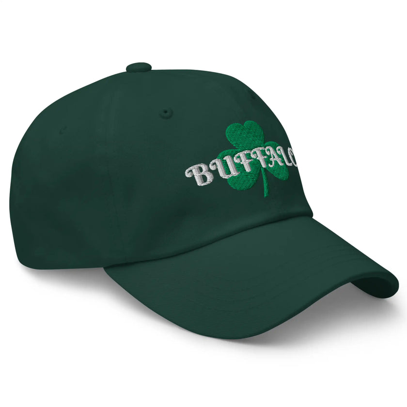 Right front view of green Buffalo Irish St. Patrick’s Day hat with shamrock design and Buffalo Irish pride embroidery detail.