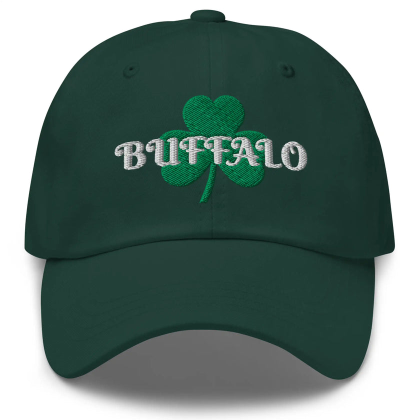 Green Buffalo Irish St. Patrick’s Day hat featuring large embroidered shamrock and white ‘Buffalo’ script lettering, festive Buffalo city pride and parade cap.
