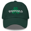 Green Buffalo Irish St. Patrick’s Day hat featuring large embroidered shamrock and white ‘Buffalo’ script lettering, festive Buffalo city pride and parade cap.