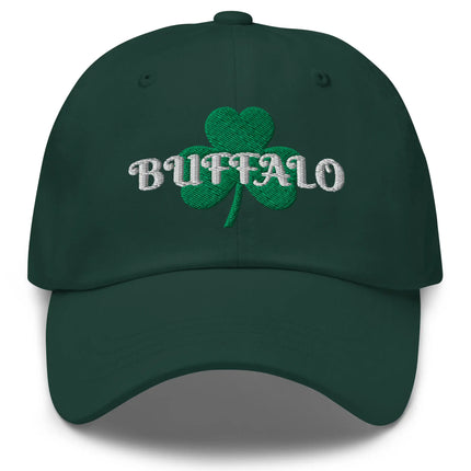 Green Buffalo Irish St. Patrick’s Day hat featuring large embroidered shamrock and white ‘Buffalo’ script lettering, festive Buffalo city pride and parade cap.