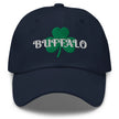 Navy Buffalo Irish St. Patrick’s Day hat featuring green shamrock embroidery with white ‘Buffalo’ script lettering, festive Buffalo city pride cap.