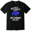 Black Buffalo football and hockey graphic tee with the humorous phrase ‘Buffalo Sports Are Ruining My Life’ and a bold blue buffalo silhouette.