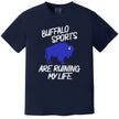 Navy Buffalo sports shirt featuring a large blue buffalo graphic and the sarcastic ‘Buffalo Sports Are Ruining My Life’ design, perfect for loyal Buffalo fans.