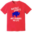 Red Buffalo sports t-shirt featuring the funny slogan ‘Buffalo Sports Are Ruining My Life’ in white lettering with a large blue buffalo graphic for devoted football and hockey fans.