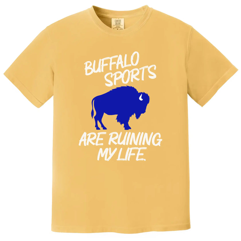 Gold Buffalo sports graphic t-shirt with a large blue buffalo silhouette and the funny ‘Buffalo Sports Are Ruining My Life’ slogan for football and hockey season.