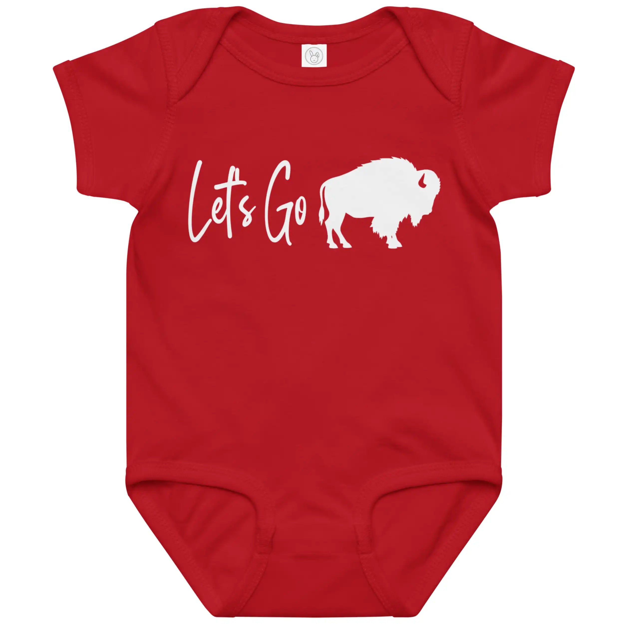 Red Buffalo sports baby bodysuit featuring fancy ‘Let’s Go’ script lettering with buffalo silhouette graphic, cute Buffalo game day cheer outfit for babies.