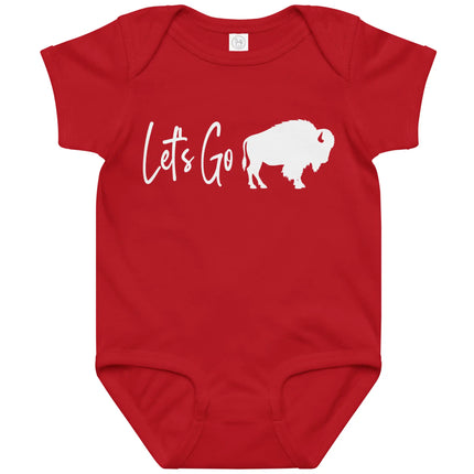 Red Buffalo sports baby bodysuit featuring fancy ‘Let’s Go’ script lettering with buffalo silhouette graphic, cute Buffalo game day cheer outfit for babies.