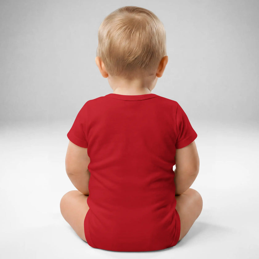 Back view of baby wearing red Buffalo sports baby bodysuit with soft cotton fit and snap closure detail.